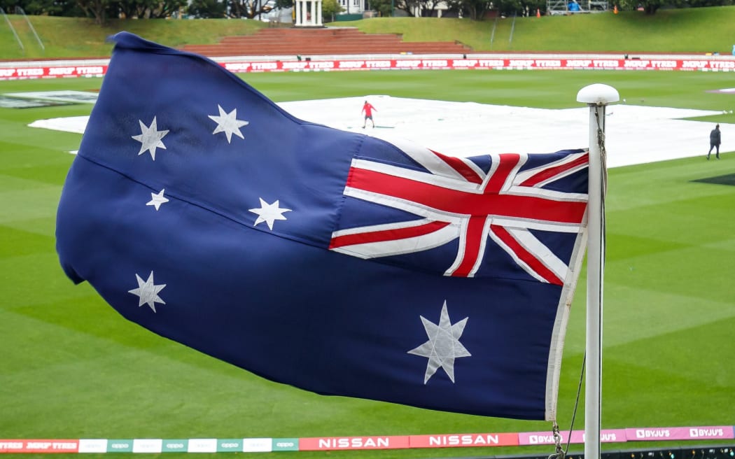 Australian flag in strong winds at the Basin Reserve in Wellington