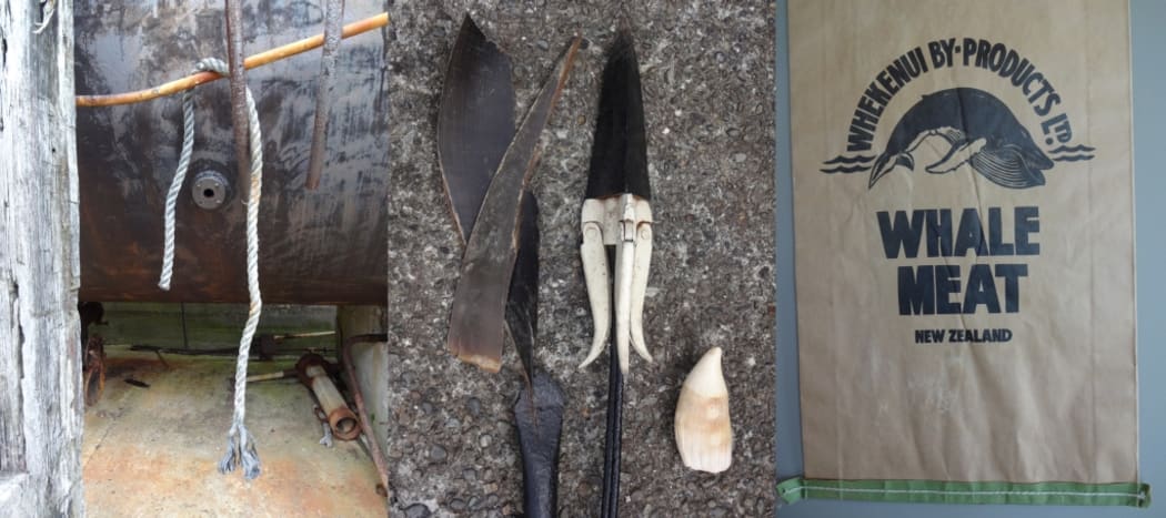 Tools of the whaling industry: Massive boilers (left) were used to reduce whale blubber to oil. The central image shows a hand-held harpoon, the tip of a 'bomb', a sperm whale tooth and humpback baleen. On the right, large bags were used to package dog food made from whale meat.