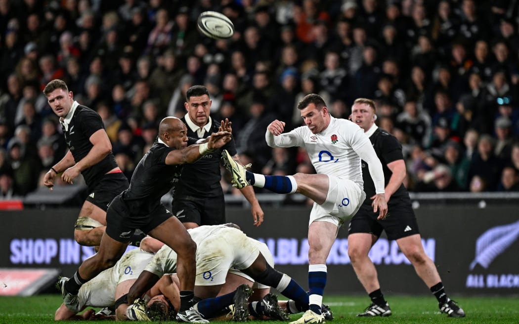 Ben Spencer, kicks for England, against the All Blacks in the first test at Forsyth Barr Stadium, Dunedin, on 6 July 2024.