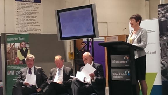 WelTec chief executiveLinda Sissons with ministers, from left, Maurice Williamson, Nick Smith and Steven Joyce.