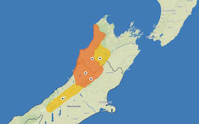 MetService warnings and watches over parts of the South Island, mid-morning, Christmas Day 2025.