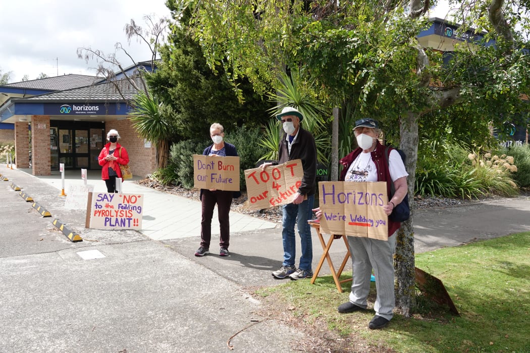 From left, Janet Mace, Angela Baker, Ian Ritchie and Rilma Sands were part of a small group of people picketing the Horizons Regional Council office this week about the proposed waste burning plant near Feilding.