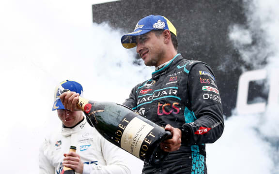 Formula E world championship in Rome 2022
Mitch Evans of New Zealand celebrates victory on the podium.