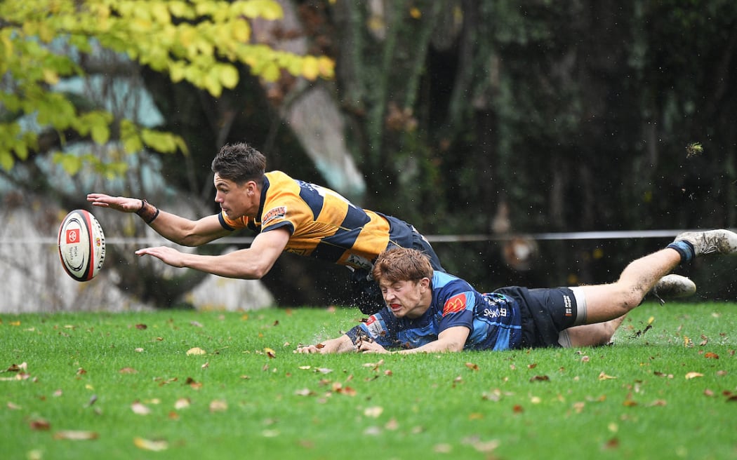 Marlborough player Anru Erasmus scores a try during the Miles Toyota Championship 1st XV rugby match between Nelson College and Marlborough Boys. Nelson College, Nelson.