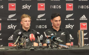 All Blacks Damian McKenzie and Shaun Stevenson, at a stand-up in Christchurch on 3 August, 2023.