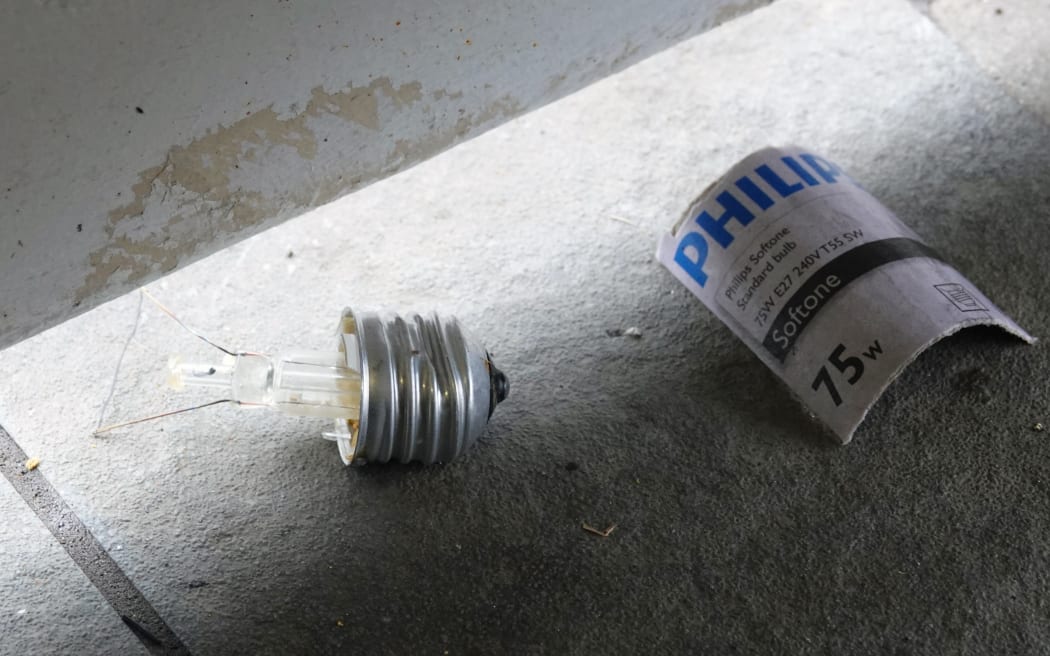 A broken lightbulb in a public toilet in Kaikohe is a telltale sign of meth use. Glass bulbs are sometimes used as improvised pipes for inhaling the drug.