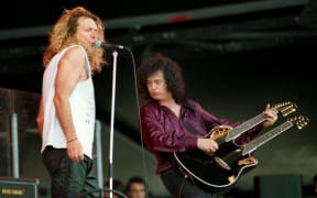 Robert Plant, left, and Jimmy Page, former members of Led Zeppelin, at the "Rock over Germany" Festival in Schwalmstadt, from 24th to 25th June 1995.