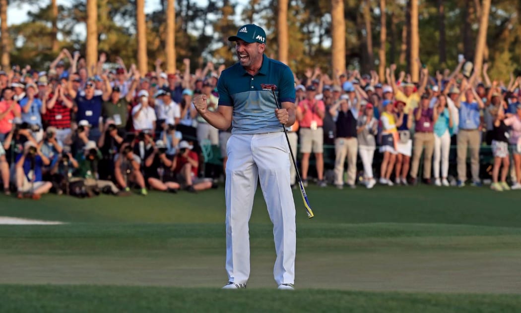 Sergio Garcia celebrates winning the U.S. Masters.