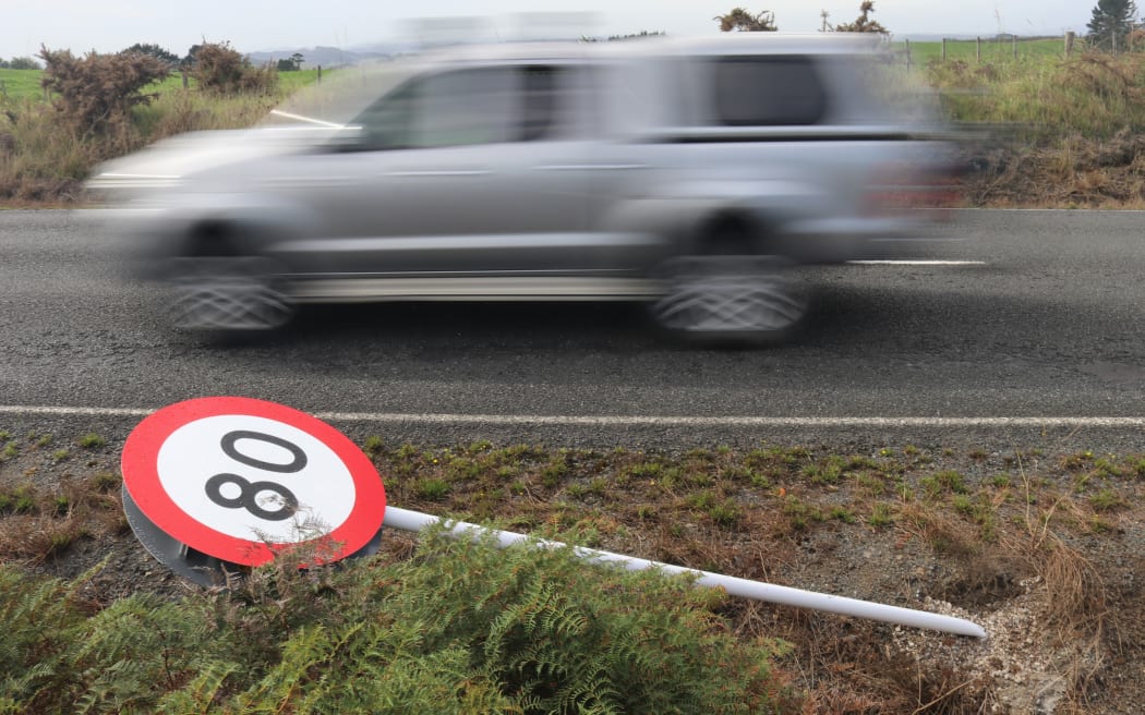 The first round of speed limit reductions in the Far North, in the Ōkaihau area in 2021, sparked a backlash with virtually all new signs along Wiroa Road vandalised. Photo: Peter de Graaf