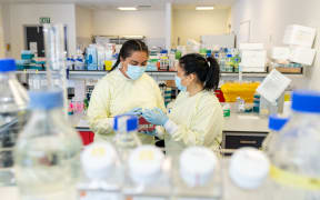 Two women in lab coats, rubber gloves and surgical masks stand talking to each other in a biomedical science lab.