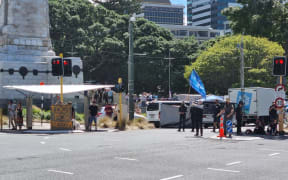 Demonstrators block off an intersection near Parliament 16 February 2022.