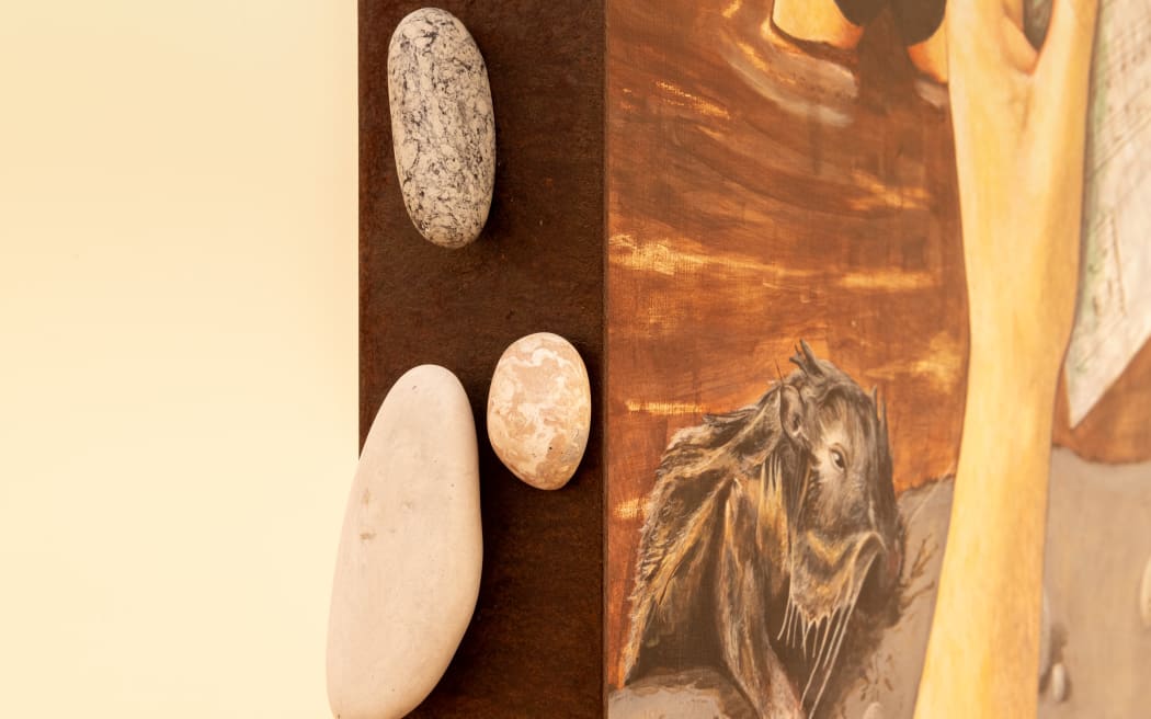 Owen Connors, Land of doubts & shadows, 2024, installation view and detail at Auckland Art Gallery Toi o Tāmaki, 2024. Courtesy of the artist and Robert Heald Gallery.