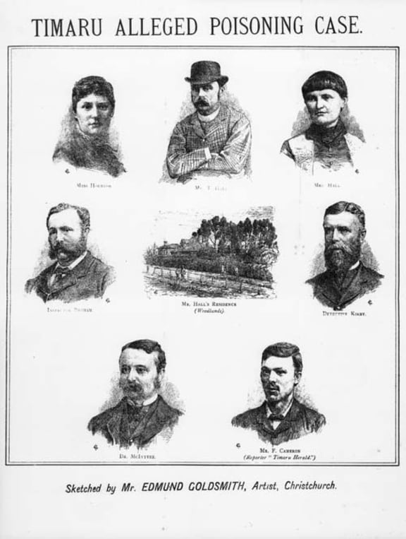 Frontispiece of a pamphlet about the Hall poisoning case. Feature images of the major figures in case