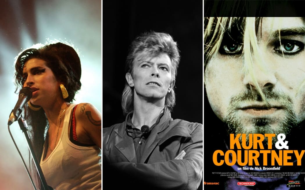 Composite picture of British singer Amy Winehouse performing on 29 June 2007 in France, British singer David Bowie on stage during a concert in La Courneuve on July 3, 1987 and Kurt and Courtney 1998 documentary promotional shot.
