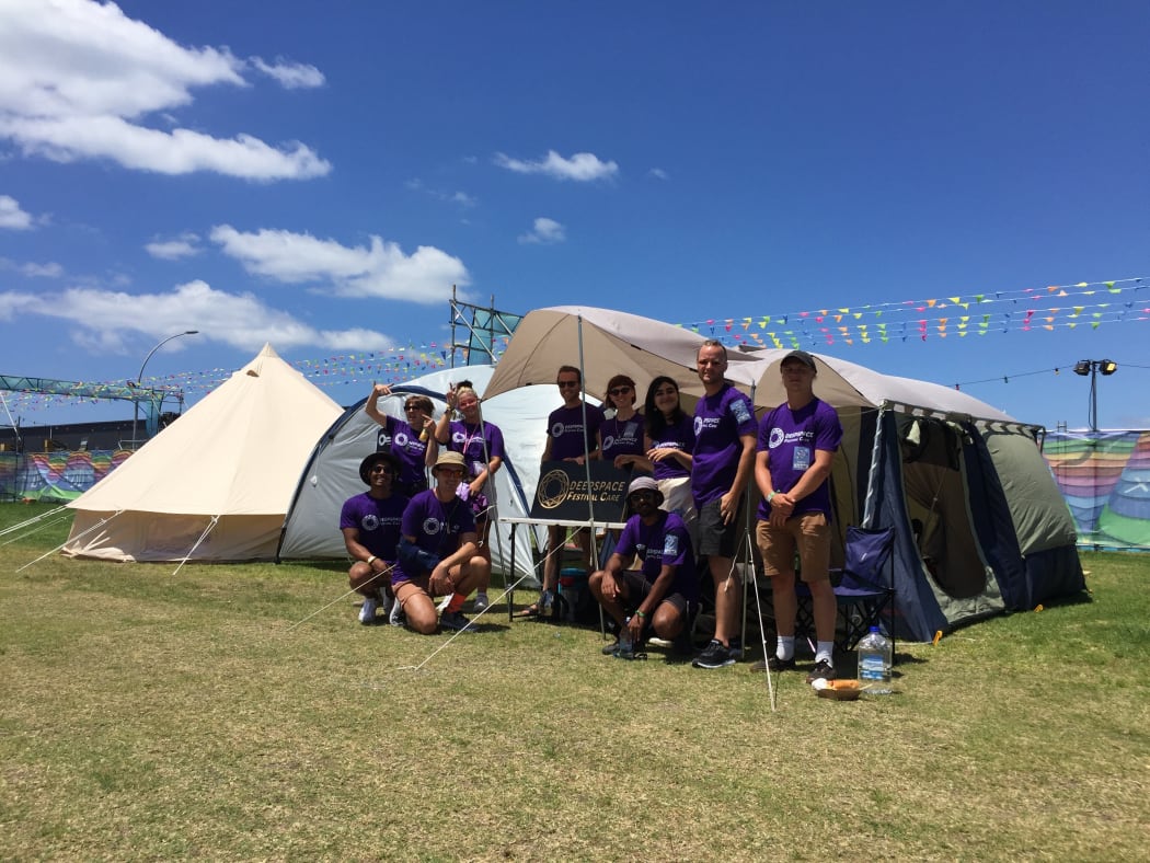Deepspace Festival Care volunteers. The group provides "confidential, nonjudgmental safe space for guests feeling overwhelmed at festivals and events around NZ".