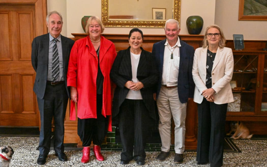 A farewell morning tea for Justice Susan Glazebrook was held by the Governor-General. Left to right - Susan Glazebrook's husband Greg Kane,  Susan Glazebrook, Dame Cindy Kiro and her husband Dr Richard Davies, Dame Helen Winkelmann.