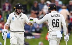 Tom Latham and Tom Blundell of the Black Caps during Day 3 of the 2nd cricket test match, NZ Black Caps V India. Hagley Oval, Christchurch, New Zealand. 2nd March 2020. Â© Copyright photo: John Davidson / www.photosport.nz