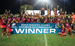 The Fijiana women's team after they defeated Samoa in Brisbane on Sunday and qualified for the 2025 Rugby World Cup. Photo: Oceania Rugby