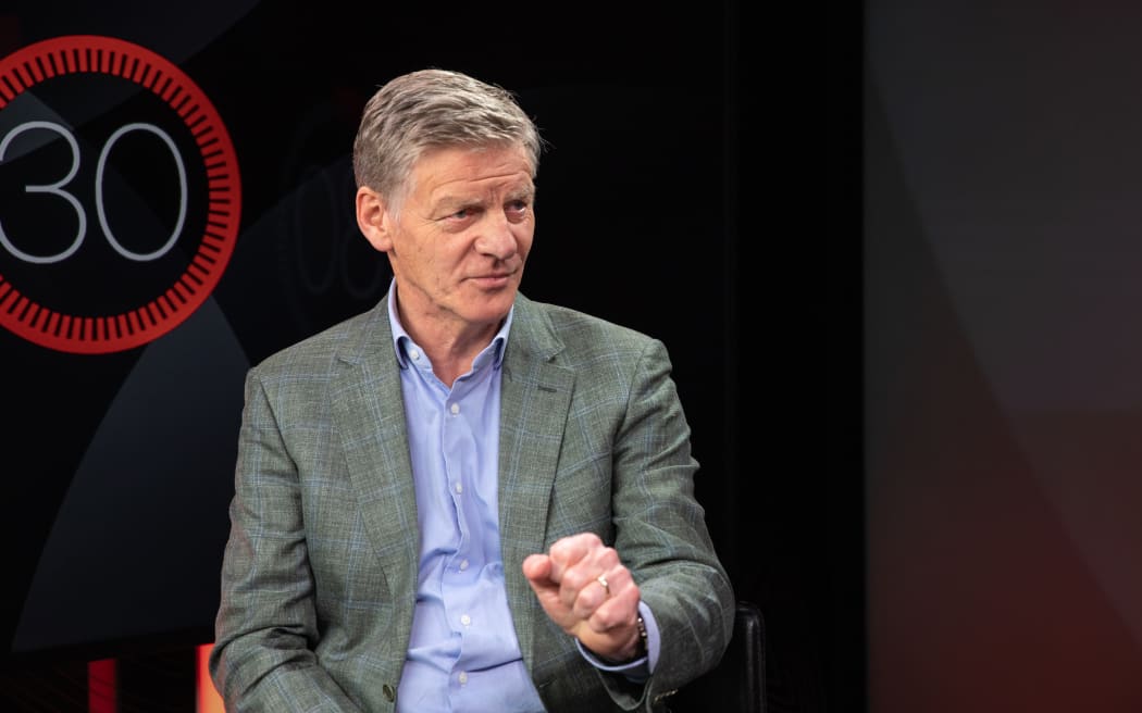 Former PM Sir Bill English speaks in studio to Guyon Espiner for '30 with Guyon Espiner'