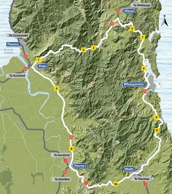 Yellow markers show points where work has been carried out to make Coromandel Loop safer for motorists, particularly motorcyclists.