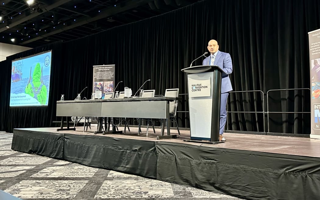 Marshall Islands Marine Resources Authority Oceanic Division Chief Fisheries Officer Beau Bigler speaking at last week's International Fisheries Monitoring, Control and Surveillance Network workshop in Canada.