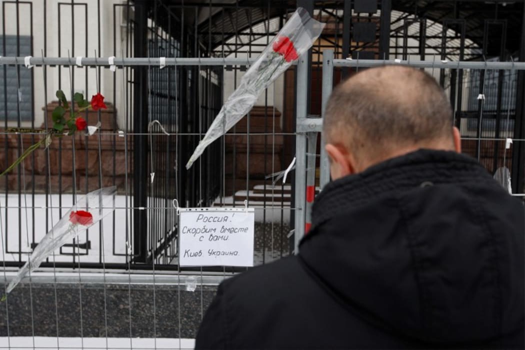 Flowers in front the Russian Embassy in Kiev, Ukraine, in memory of victims of the Russian Tu-154 plane crash.