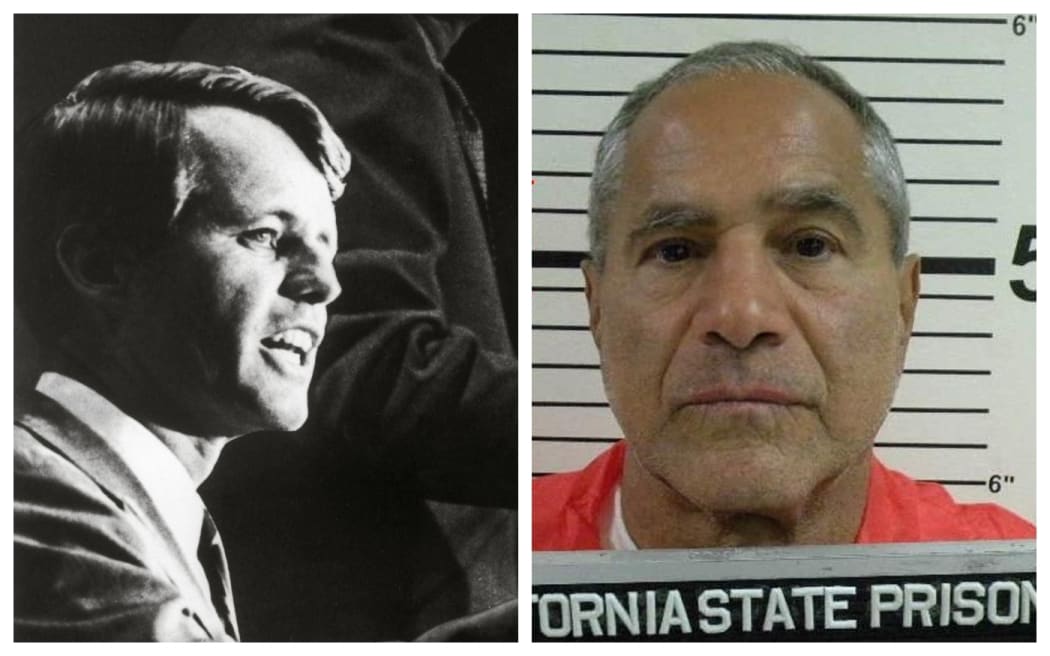 Robert Kennedy pictured at a rally in 1960. Sirhan Sirhan in a California Dept of Corrections pic from October 2009.