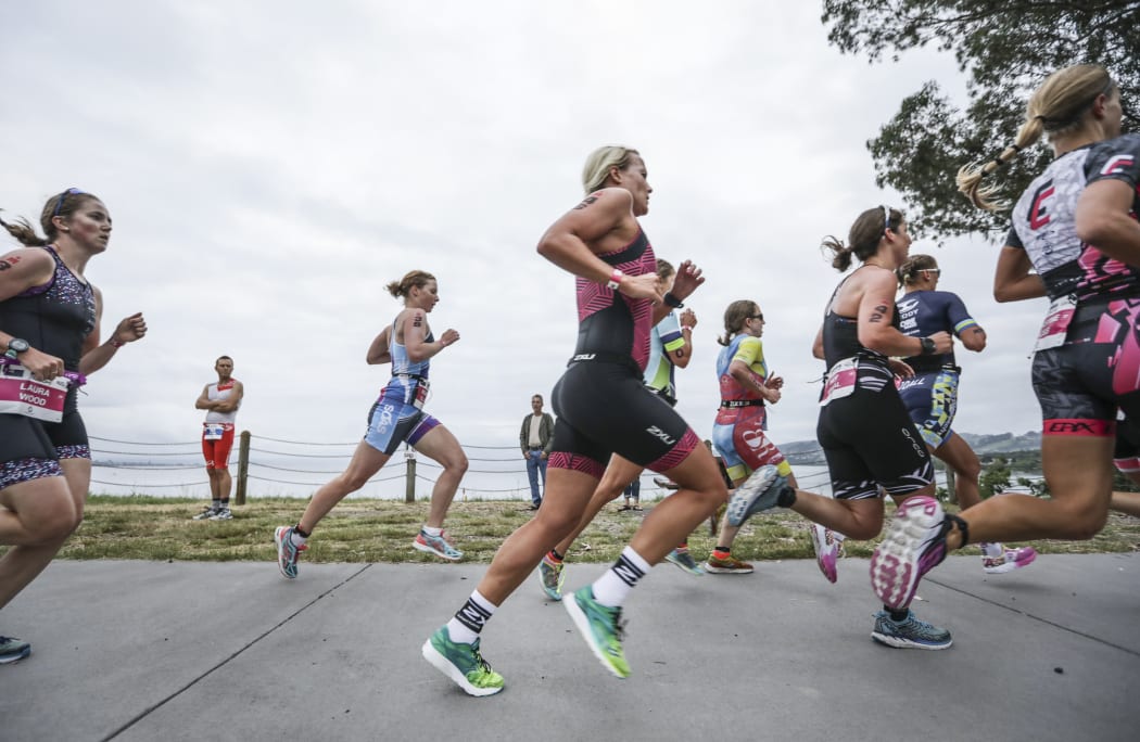 Despite the cancellation of the swimming component of the Ironman 70.3 athletes were on the starting line this morning. Pro womens run.