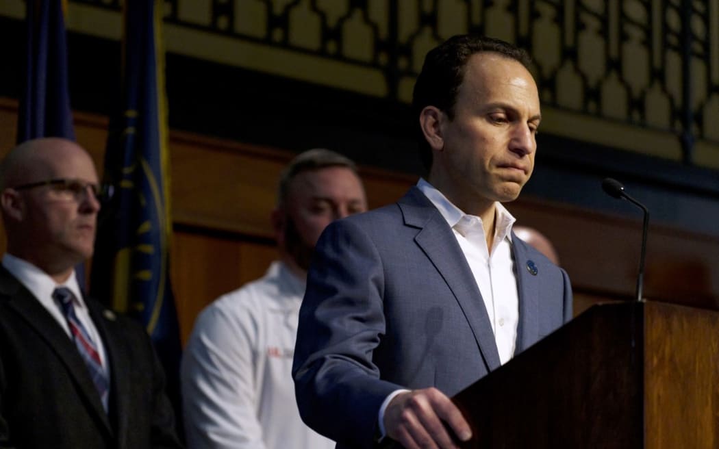 LOUISVILLE, KY - APRIL 11: Louisville Mayor Craig Greenberg speaks at a press conference on April 11, 2023 at Metro Hall in Louisville, Kentucky. On the morning of April 10, a gunman opened fire inside the Old National Bank building killing four people. A fifth victim later died in the hospital.   Michael Swensen/Getty Images/AFP (Photo by Michael Swensen / GETTY IMAGES NORTH AMERICA / Getty Images via AFP)