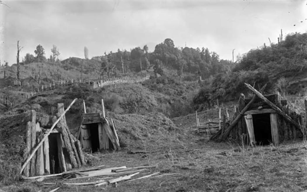 Three rua kūmara (kūmara storage pits) used at Ruatāhuna, Urewera in 1930