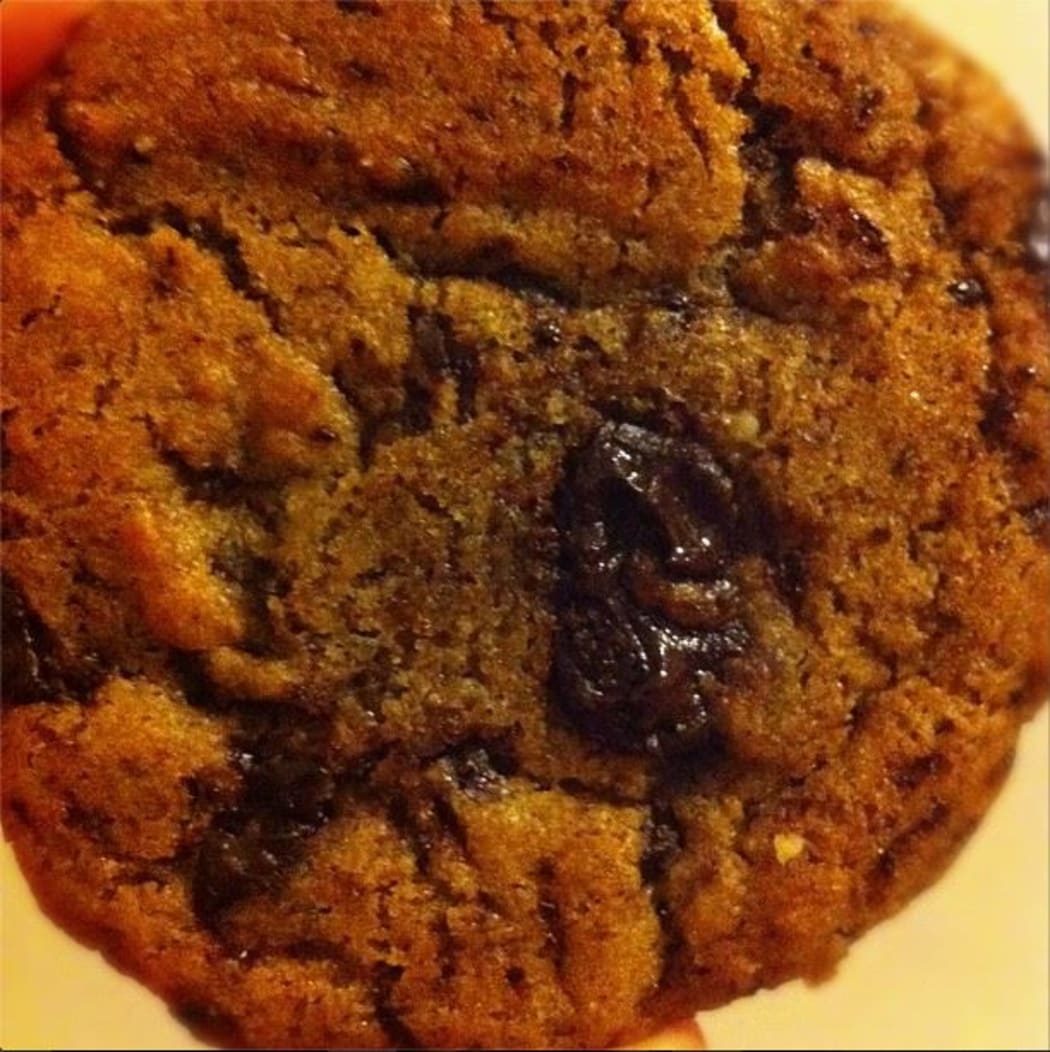 a close up of a chocolate chip cookie
