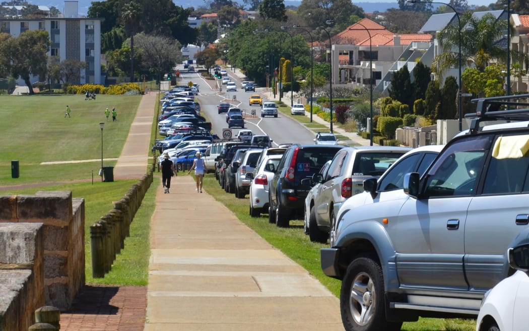 Road verge parking during event in South Perth, Western Australia.