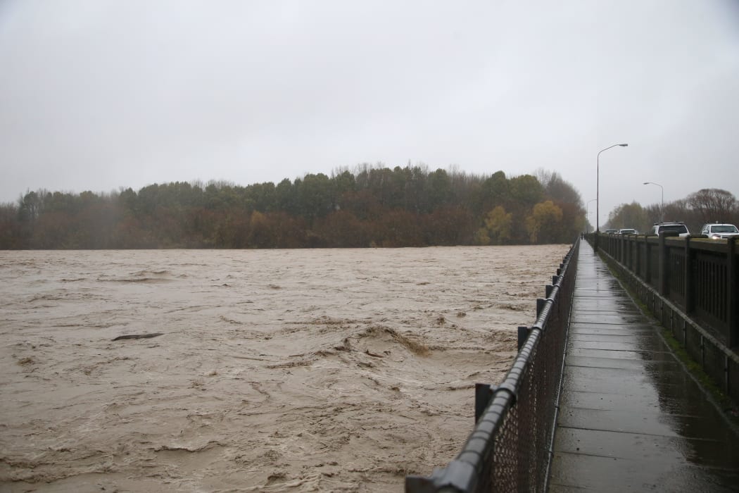 Flood water lashing the Ashburton Bridge on May 30.