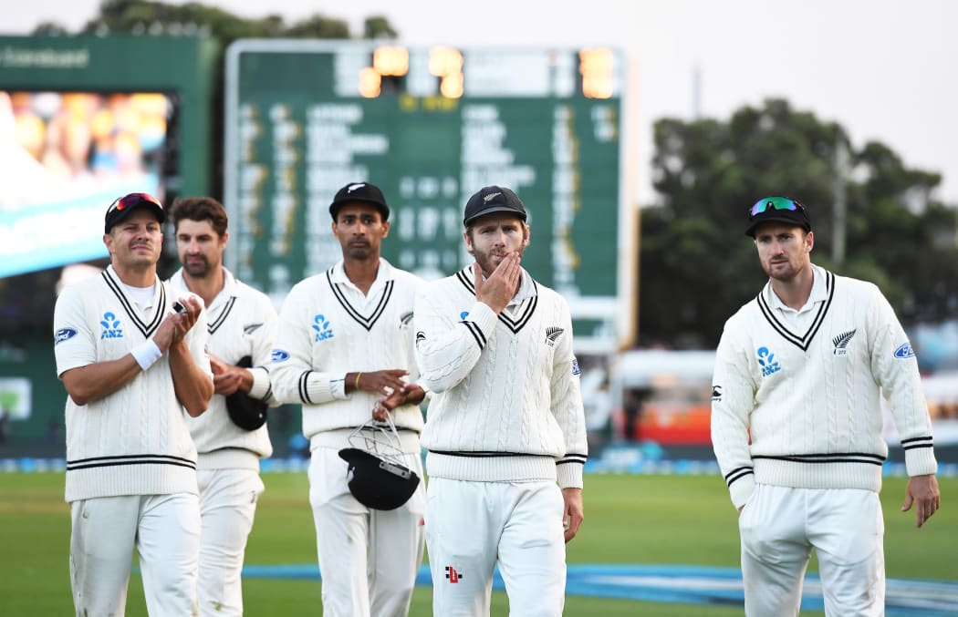 Kane Williamson leads his team from the field after defeat on Day 3 of the 2nd test match between New Zealand Black Caps and South Africa Proteas. International test match cricket in Wellington on 18 March 2017.