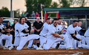 The New Zealand Black Sox deliver a strong haka at the WBSC Softball World Cup 2025 in Prince Albert, Canada.