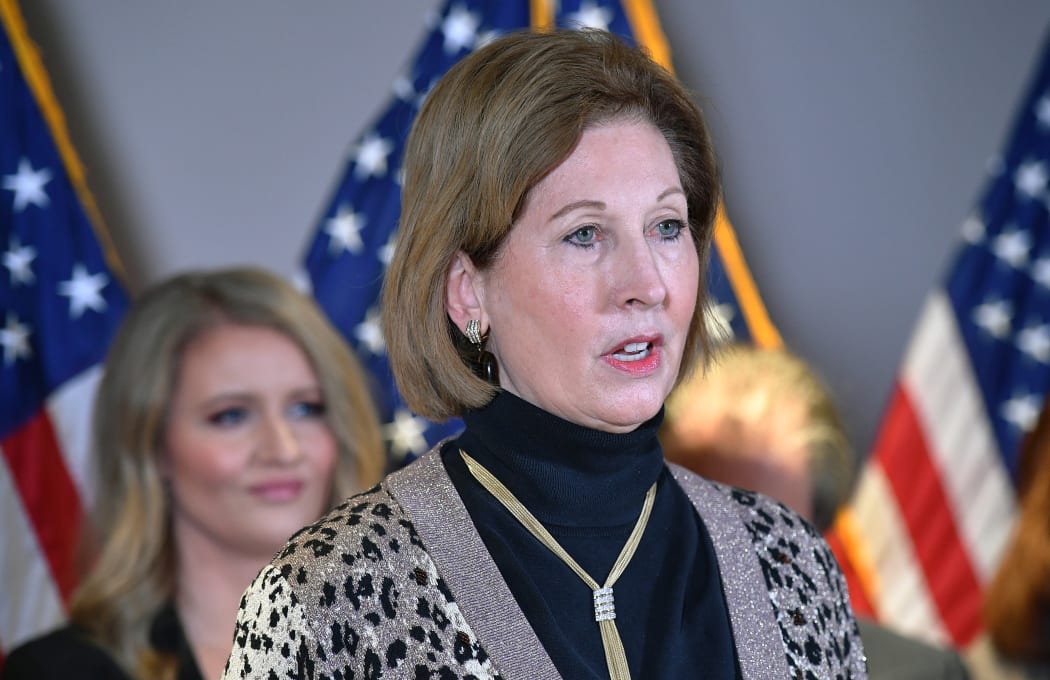 Sidney Powell speaking during a press conference at the Republican National Committee headquarters in Washington, DC.
