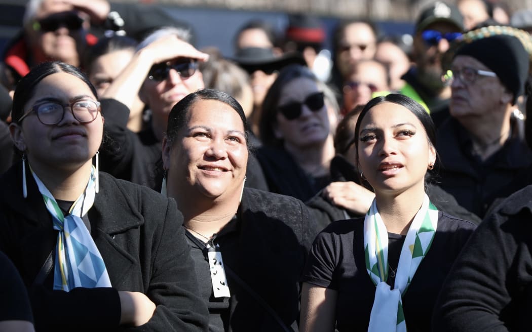 Rangatahi react during the announcement of Kuini Nga wai hono i te po on 5 September 2024.