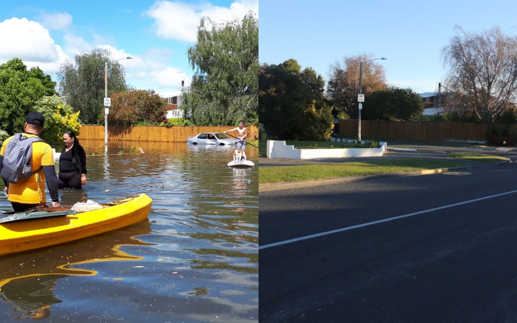 The corner of Nuffield Ave and Balance Pl in Marewa after floods hit the Napier suburb in November, compared to a normal day