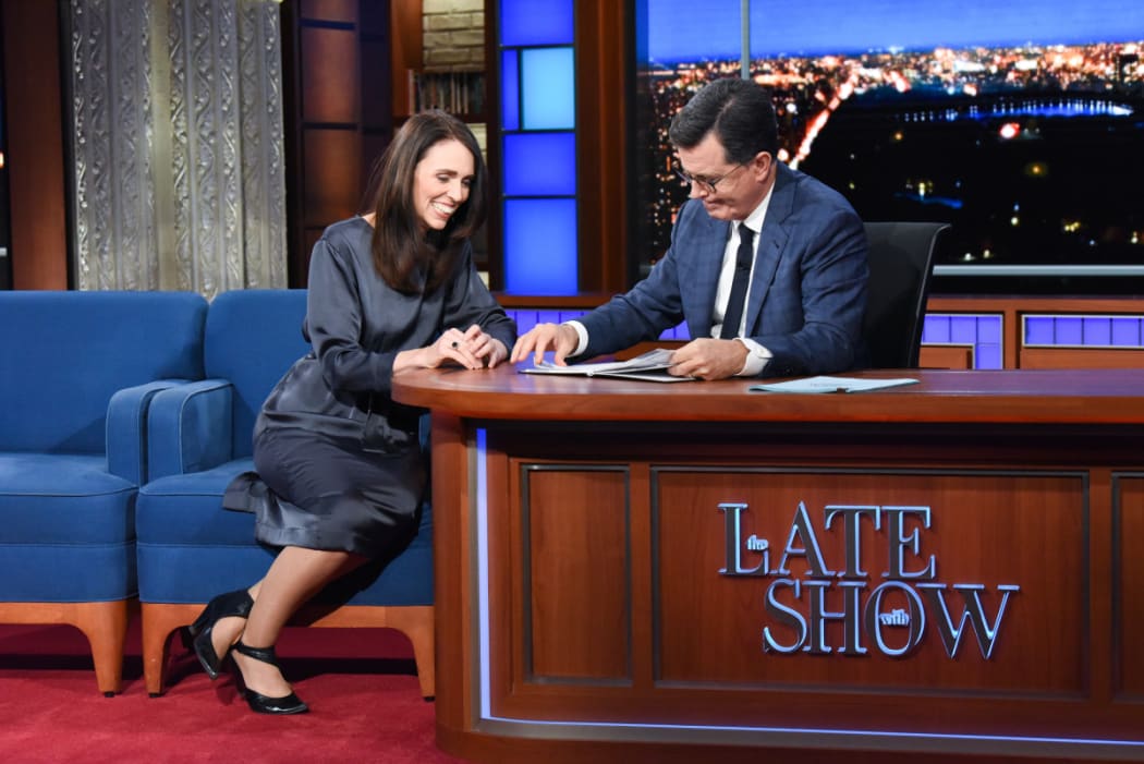 Jacinda Ardern on the Late Show with Stephen Colbert.