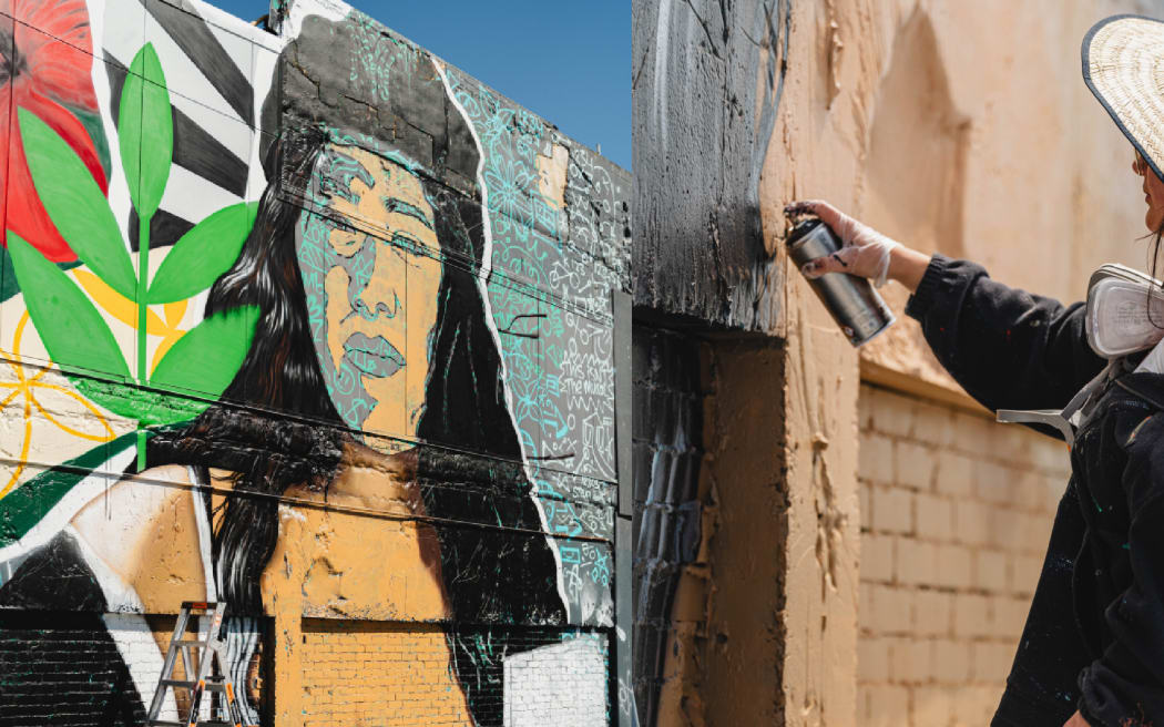 A new mural created by Christchurch artist Kophie Su’a-Hulsbosch honouring the legacy of the Dawn Raids and celebrating the resilience of Pacific communities in Aotearoa.