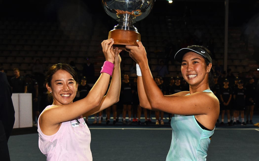Miyu Kato of Japan and Aldila Sutjiadi of Indonesia celebrate winning their doubles Final match of the 2023 Womens's ASB Classic.
