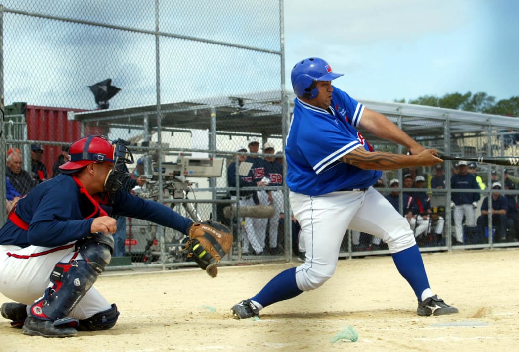 Current Samoa player-coach Duane Jerard bats during the 2004 World Championships.
