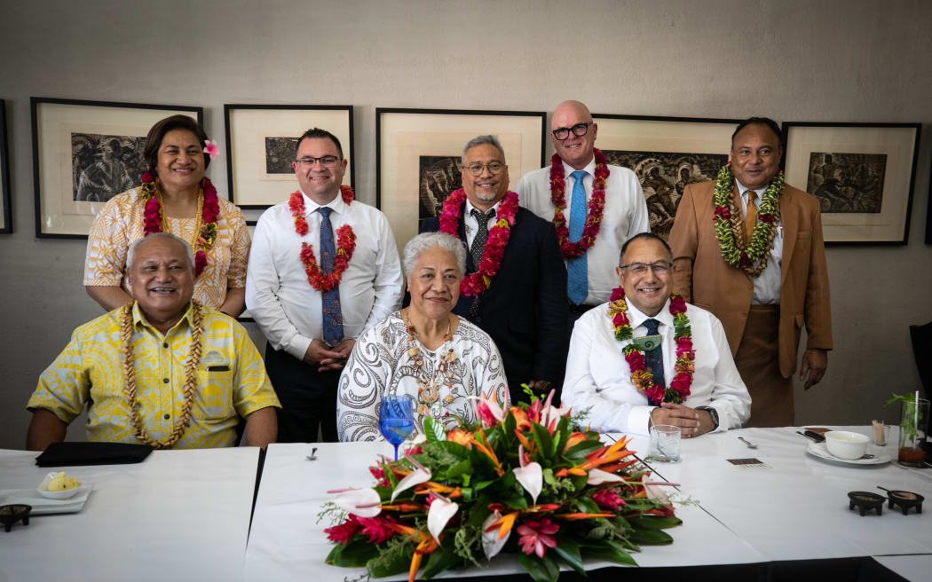 Samoa's Prime Minister Fiame Naomi Mata'afa (seated centre) at an informal meeting with visiting New Zealand MPs in Apia. Standing from left: New Zealand MPs Lemauga Lydia Sosene, Tangi Utikere, Teanau Tuiono, Todd Muller and (far right) Samoa's Deputy Speaker of Parliament, Auapaau Mulipola Aloitafua is seated left and New Zealand's Speaker of Parliament Adrian Rurawhe seated right.