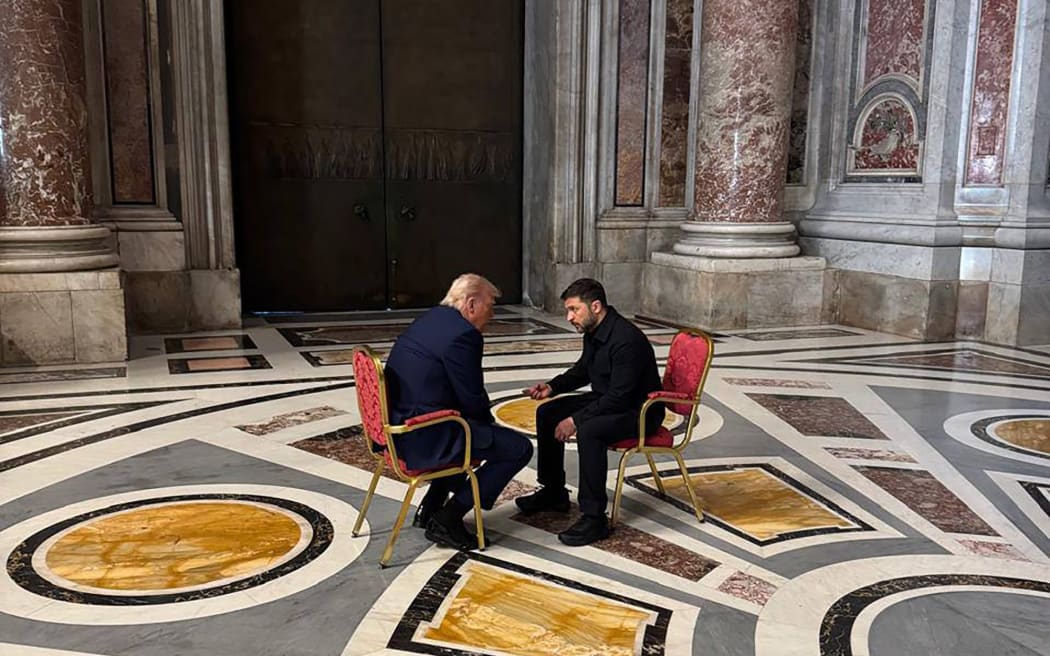 In this photo provided by the Ukrainian Presidential Press Office, Trump meets with Zelensky at the Vatican just before the pope’s funeral on April 26.