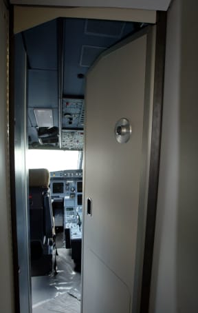 A close-up of an armoured security door to an Airbus cockpit (file photo).