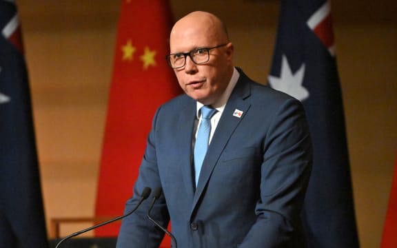 Australia's Opposition Leader Peter Dutton speaks during a luncheon at Parliament House in Canberra on June 17, 2024. (Photo by MICK TSIKAS / POOL / AFP)