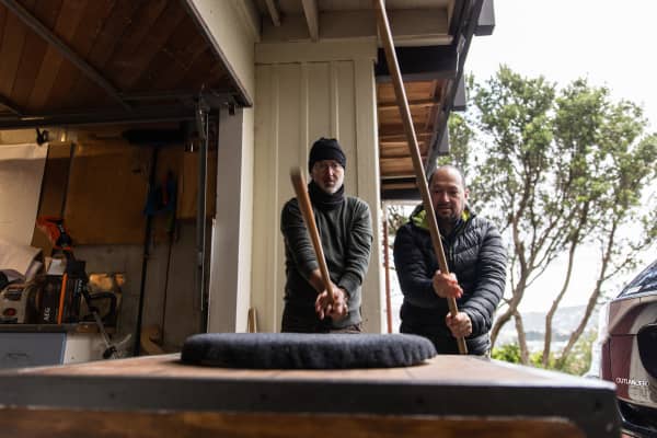 Malcolm Struthers and Leonard Sakofsky practising technique on the NZSO Mallet and Block.