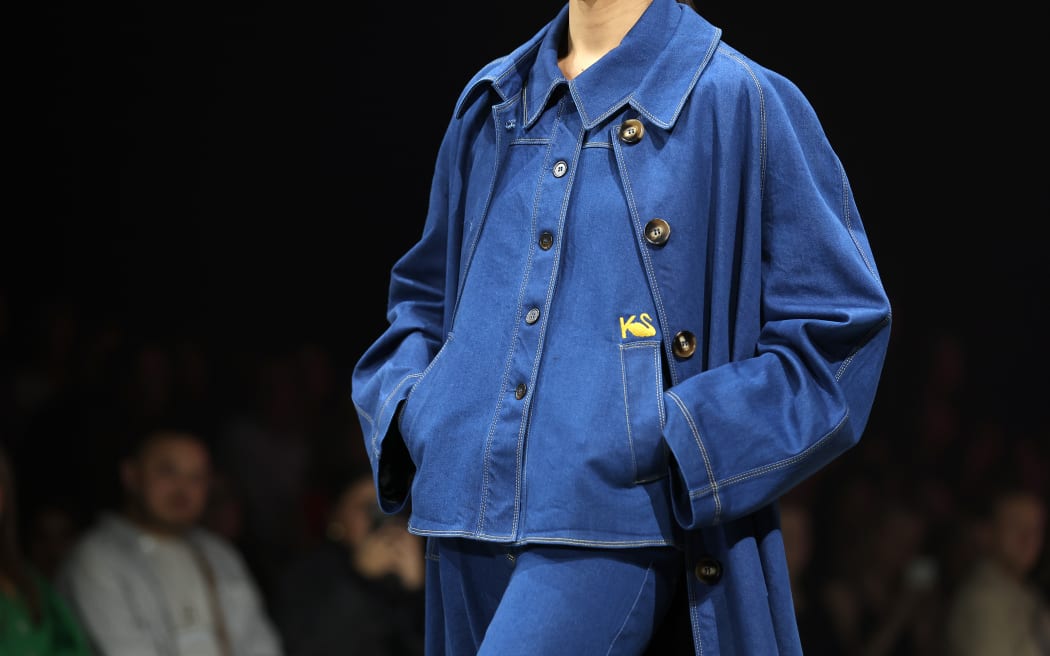 AUCKLAND, NEW ZEALAND - AUGUST 31: A model walks the runway during the Kate Sylvester show during New Zealand Fashion Week 23: Kahuria at Viaduct Events Centre‎ on August 31, 2023 in Auckland, New Zealand.