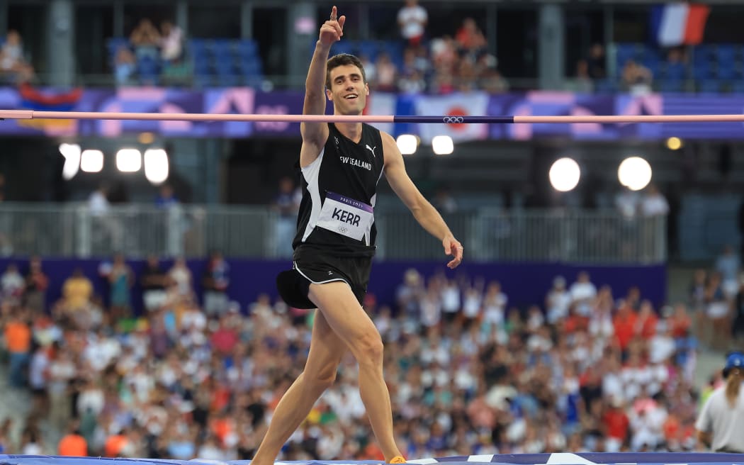 Hamish Kerr contesting the men’s high jump at the Paris Olympics.