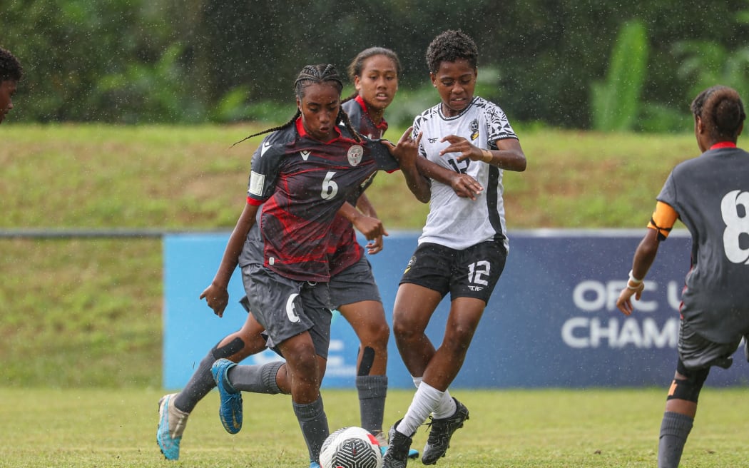 New Caledonia's Heidra Adjouhgniope Fiji's Kinisimere Botesulu. OFC U-16 Women's Championship 2025, New Caledonia v Fiji, Samoa Football HQ Apia, Thursday 7 August 2025. Photo: Shane Wenzlick / www.phototek.nz